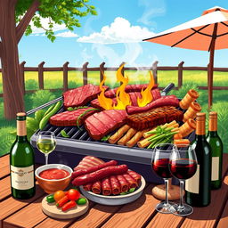 A digital illustration capturing the vibrant essence of Argentine cuisine, featuring a wide array of grilled meats like steak, sausage, and ribs sizzling on a traditional Argentine parrilla (grill)