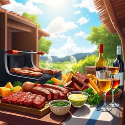 A digital illustration capturing the vibrant essence of Argentine cuisine, featuring a wide array of grilled meats like steak, sausage, and ribs sizzling on a traditional Argentine parrilla (grill)