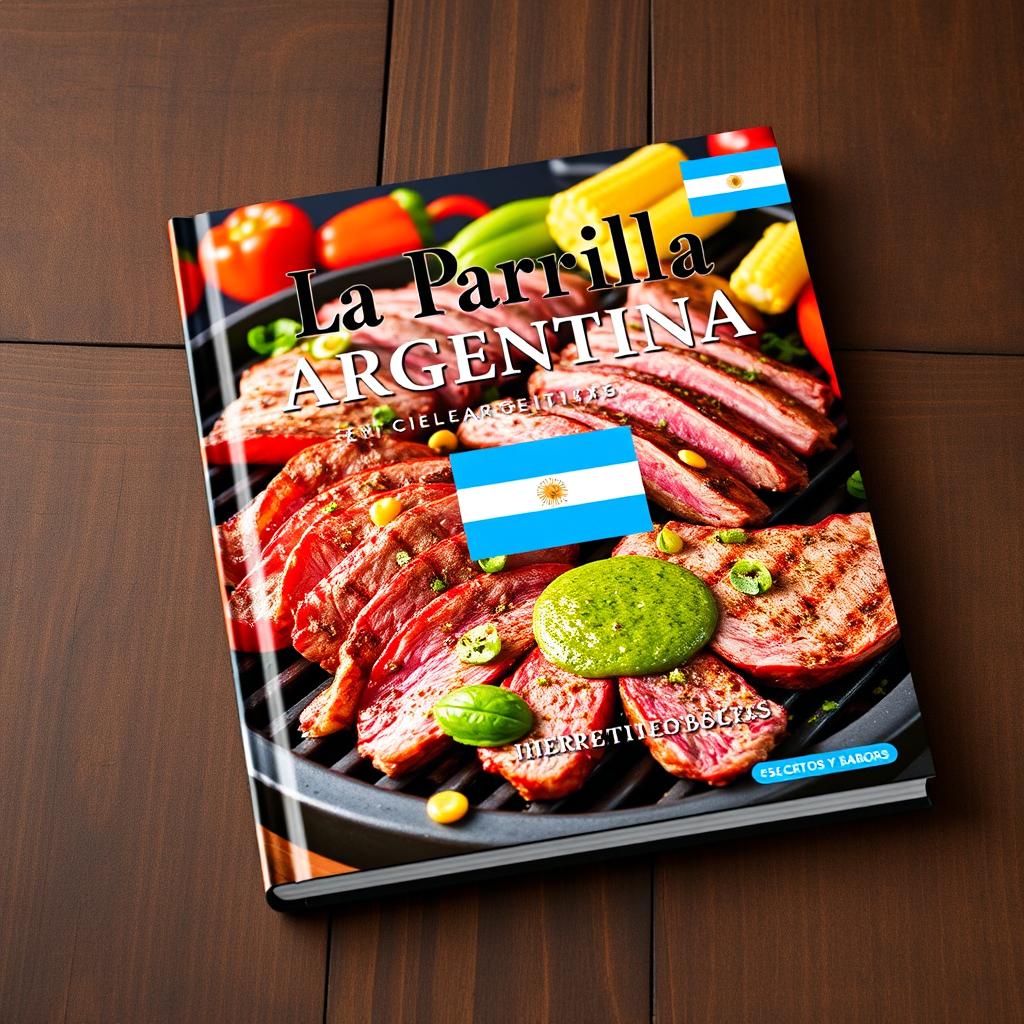 An attractive and delicious-looking layout of a cookbook cover titled 'La Parrilla Argentina en 20 Recetas: Secretos y Sabores'