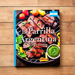 An attractive and delicious-looking layout of a cookbook cover titled 'La Parrilla Argentina en 20 Recetas: Secretos y Sabores'