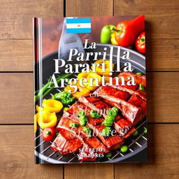 An attractive and delicious-looking layout of a cookbook cover titled 'La Parrilla Argentina en 20 Recetas: Secretos y Sabores'