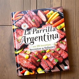 An attractive and delicious-looking layout of a cookbook cover titled 'La Parrilla Argentina en 20 Recetas: Secretos y Sabores'