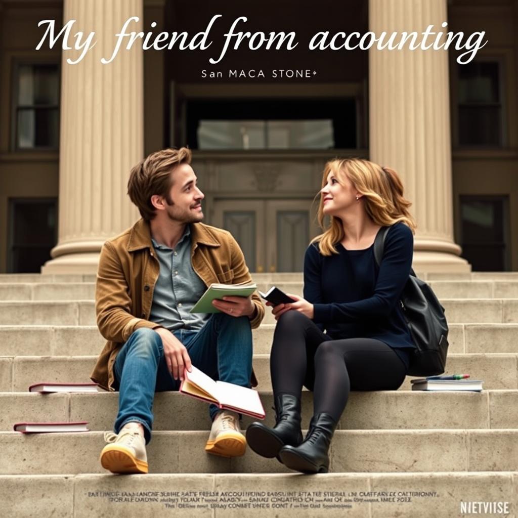 Poster for the movie titled "My Friend from Accounting" featuring Ryan Gosling and Emma Stone as university students from San Marcos University