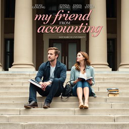 Poster for the movie titled "My Friend from Accounting" featuring Ryan Gosling and Emma Stone as university students from San Marcos University