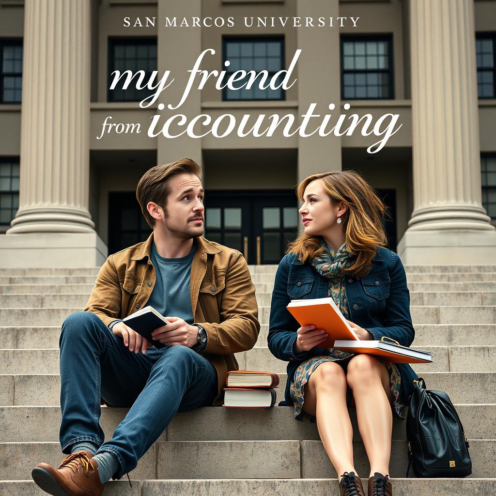 Poster for the movie titled "My Friend from Accounting" featuring Ryan Gosling and Emma Stone as university students from San Marcos University