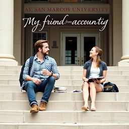 Poster for the movie titled "My Friend from Accounting" featuring Ryan Gosling and Emma Stone as university students from San Marcos University