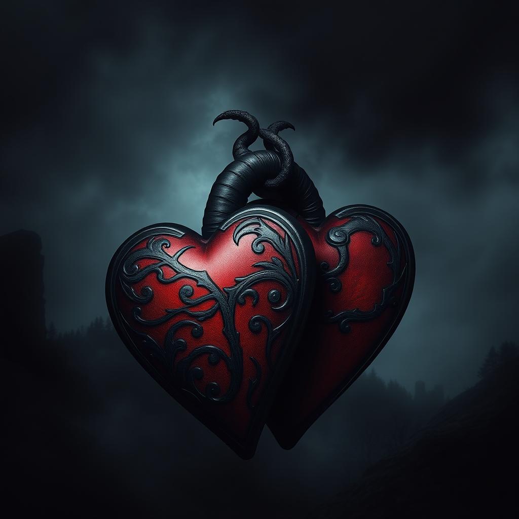 A dark romance theme with two intertwined hearts, symbolizing a forbidden love