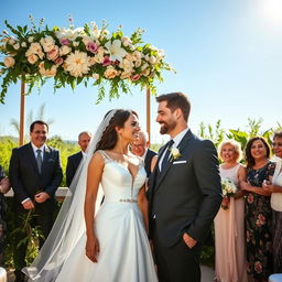 A romantic wedding scene in a contemporary setting, where a beautiful bride in an elegant white dress and a handsome groom in a stylish suit share a loving gaze