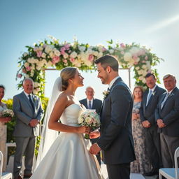 A romantic wedding scene in a contemporary setting, where a beautiful bride in an elegant white dress and a handsome groom in a stylish suit share a loving gaze