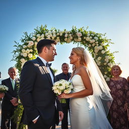 A romantic wedding scene in a contemporary setting, where a beautiful bride in an elegant white dress and a handsome groom in a stylish suit share a loving gaze