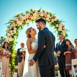 A romantic wedding scene in a contemporary setting, where a beautiful bride in an elegant white dress and a handsome groom in a stylish suit share a loving gaze