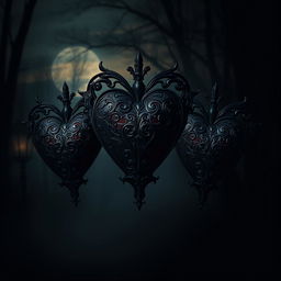 A dark-themed composition featuring three hearts symbolizing a complex and mysterious love triangle