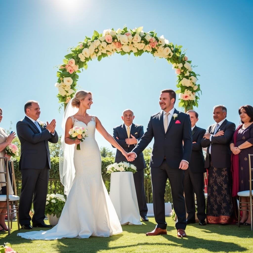 A romantic wedding scene in a contemporary setting, where a beautiful bride in an elegant white dress and a handsome groom in a stylish suit are holding hands under a stunning floral arch