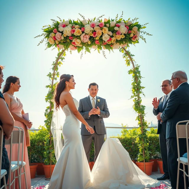 A romantic wedding scene in a contemporary setting, where a beautiful bride in an elegant white dress and a handsome groom in a stylish suit are holding hands under a stunning floral arch