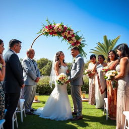 A romantic wedding scene in a contemporary setting, where a beautiful bride in an elegant white dress and a handsome groom in a stylish suit are holding hands under a stunning floral arch