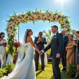 A romantic wedding scene in a contemporary setting, where a beautiful bride in an elegant white dress and a handsome groom in a stylish suit are holding hands under a stunning floral arch