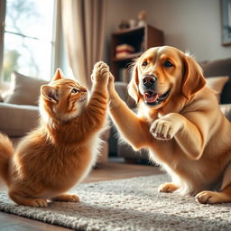 A dramatic scene of a cat and dog in a playful tussle