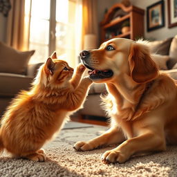 A dramatic scene of a cat and dog in a playful tussle