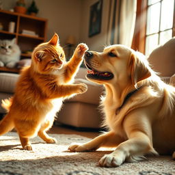 A dramatic scene of a cat and dog in a playful tussle