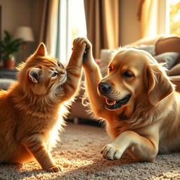 A dramatic scene of a cat and dog in a playful tussle