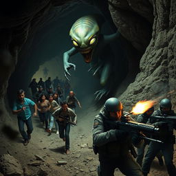 In a dimly lit cave on the Mexican border, a group of immigrants runs frantically as a menacing alien creature pursues them