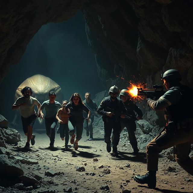 In a dimly lit cave on the Mexican border, a group of immigrants runs frantically as a menacing alien creature pursues them