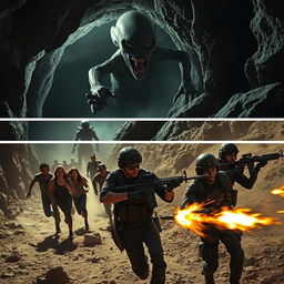 In a dimly lit cave on the Mexican border, a group of immigrants runs frantically as a menacing alien creature pursues them