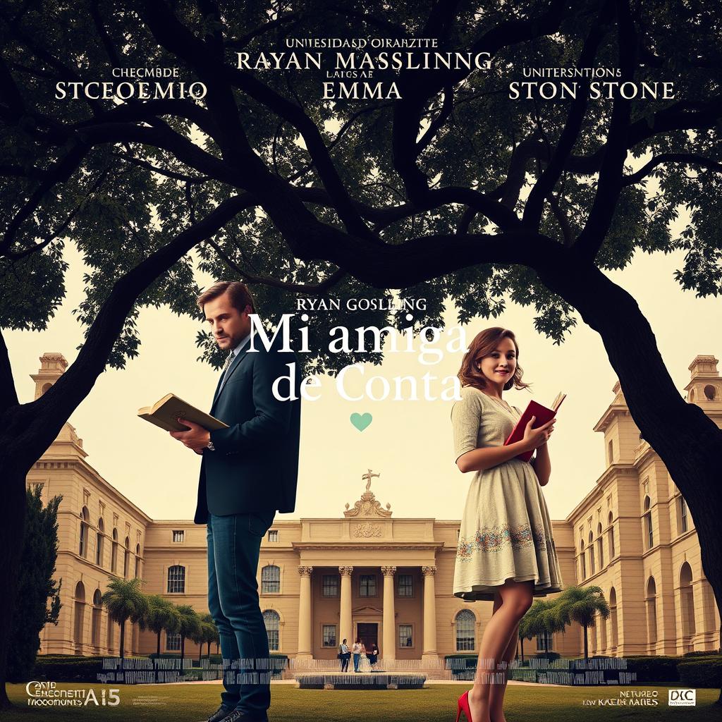 Poster for the movie titled "Mi amiga de Conta" featuring Ryan Gosling as Chadcilio, a student of Economics, and Emma Stone as a student of Accounting at Universidad Nacional Mayor de San Marcos