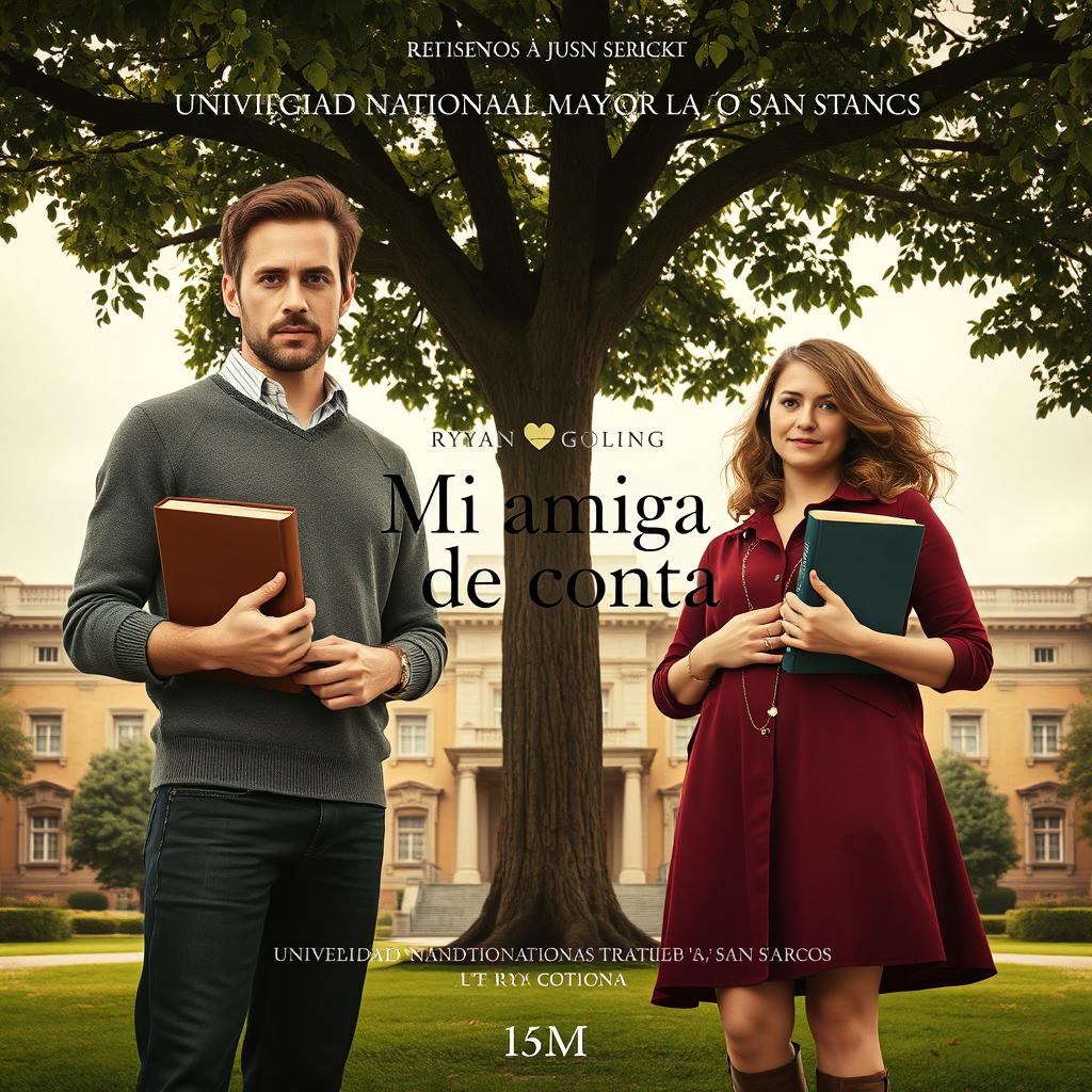 Poster for the movie titled "Mi amiga de Conta" featuring Ryan Gosling as Chadcilio, a student of Economics, and Emma Stone as a student of Accounting at Universidad Nacional Mayor de San Marcos