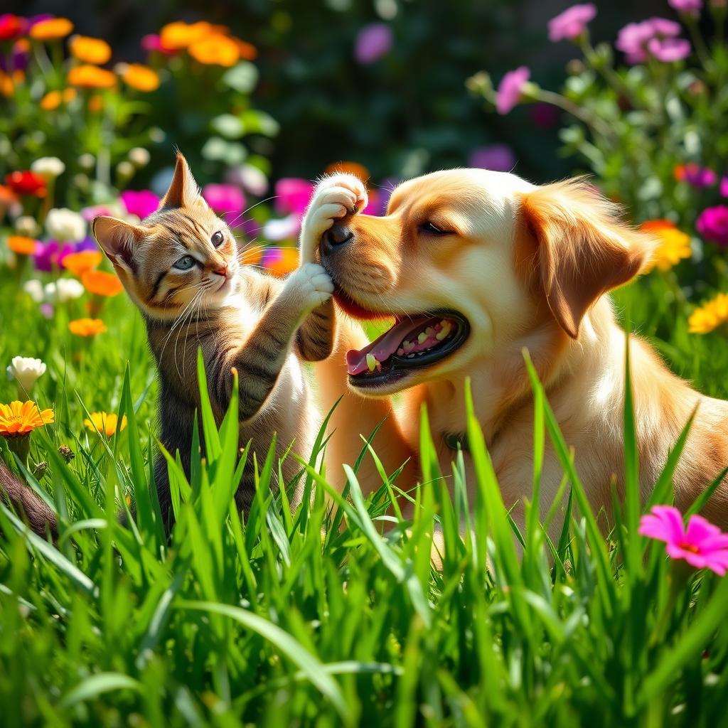 a dynamic scene of a playful cat and dog wrestling joyfully in a sunny garden, surrounded by vibrant flowers and lush green grass