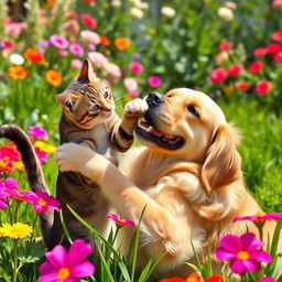 a dynamic scene of a playful cat and dog wrestling joyfully in a sunny garden, surrounded by vibrant flowers and lush green grass