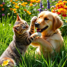 a dynamic scene of a playful cat and dog wrestling joyfully in a sunny garden, surrounded by vibrant flowers and lush green grass