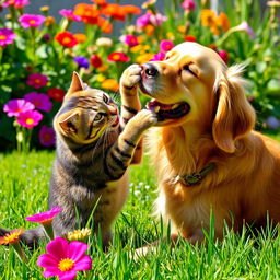 a dynamic scene of a playful cat and dog wrestling joyfully in a sunny garden, surrounded by vibrant flowers and lush green grass