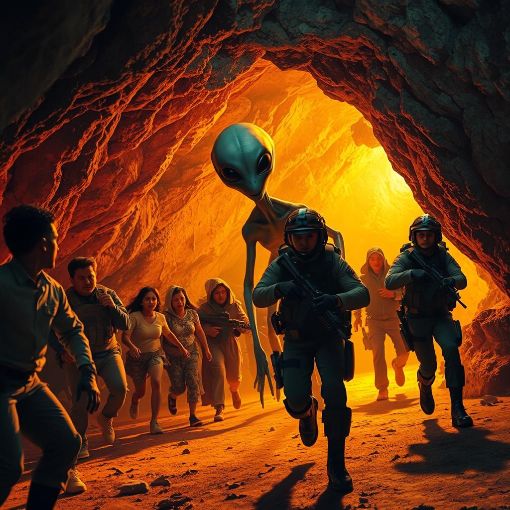 In a cave on the Mexican border, illuminated by vibrant and realistic colors, a group of immigrants flee from a classic grey alien with large black eyes and slender limbs