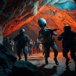 In a cave on the Mexican border, illuminated by vibrant and realistic colors, a group of immigrants flee from a classic grey alien with large black eyes and slender limbs