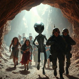 In a cave on the Mexican border, illuminated by vibrant and realistic colors, a group of immigrants flee from a classic grey alien with large black eyes and slender limbs