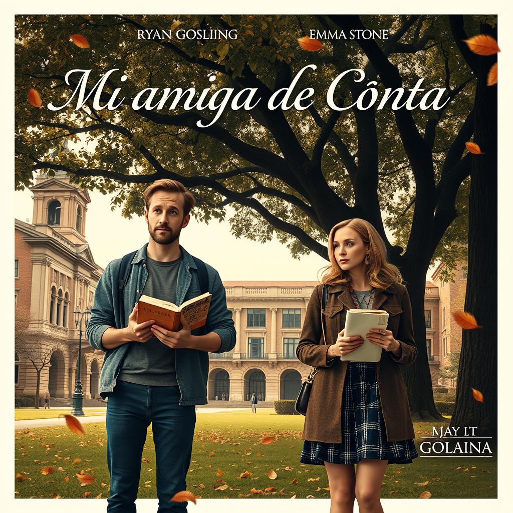 Poster for the movie titled "Mi amiga de Conta" featuring Ryan Gosling as Chadcilio, a student of Economics, and Emma Stone as a student of Accounting at Universidad Nacional Mayor de San Marcos