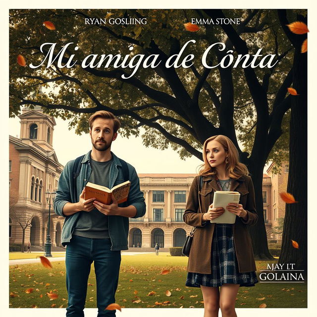 Poster for the movie titled "Mi amiga de Conta" featuring Ryan Gosling as Chadcilio, a student of Economics, and Emma Stone as a student of Accounting at Universidad Nacional Mayor de San Marcos