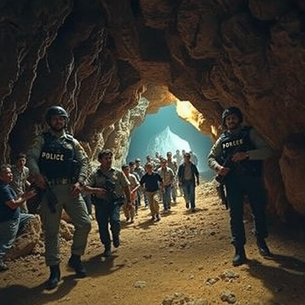 Within the depths of a cave on the Mexican border, captured with vibrant, realistic colors and a cinematic touch, a group of immigrants is seen fleeing from an unseen, mysterious creature lurking in the shadows