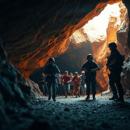 Within the depths of a cave on the Mexican border, captured with vibrant, realistic colors and a cinematic touch, a group of immigrants is seen fleeing from an unseen, mysterious creature lurking in the shadows