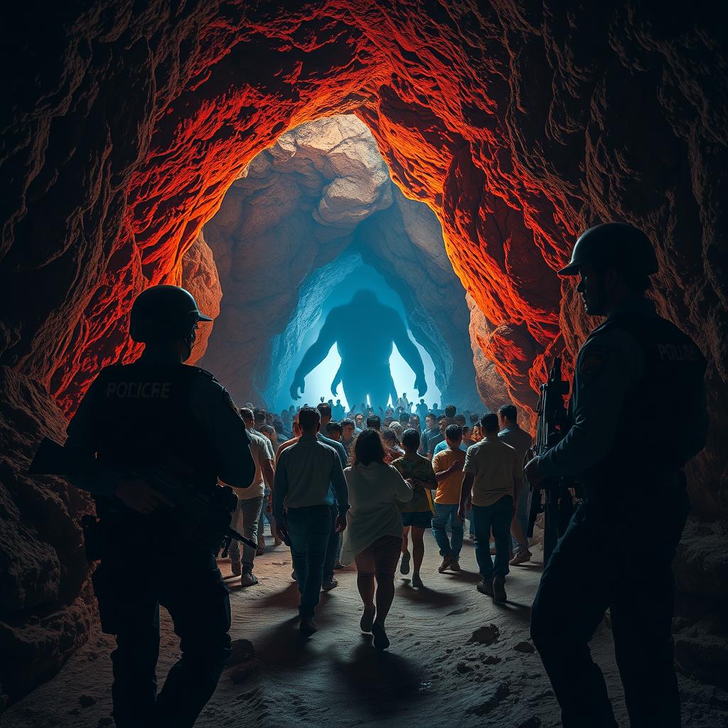 Within the depths of a cave on the Mexican border, captured with vibrant, realistic colors and a cinematic touch, a group of immigrants is seen fleeing from an unseen, mysterious creature lurking in the shadows