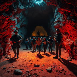 Within the depths of a cave on the Mexican border, captured with vibrant, realistic colors and a cinematic touch, a group of immigrants is seen fleeing from an unseen, mysterious creature lurking in the shadows