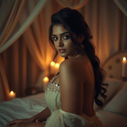 A beautiful woman resembling Rashmika Mandanna in a romantic and intimate scene, capturing the essence of passion and connection but without explicit content