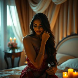 A beautiful woman resembling Rashmika Mandanna in a romantic and intimate scene, capturing the essence of passion and connection but without explicit content