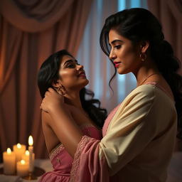 A beautiful woman resembling Rashmika Mandanna in a romantic and intimate scene, capturing the essence of passion and connection but without explicit content