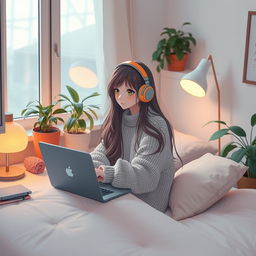 A serene and cozy scene featuring a girl sitting by her desk with a laptop playing lofi music