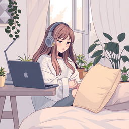 A serene and cozy scene featuring a girl sitting by her desk with a laptop playing lofi music