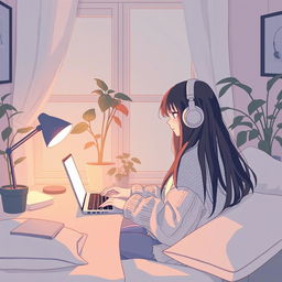 A serene and cozy scene featuring a girl sitting by her desk with a laptop playing lofi music