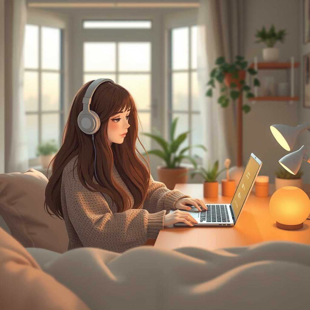 A serene and cozy scene featuring a girl sitting by her desk with a laptop playing lofi music