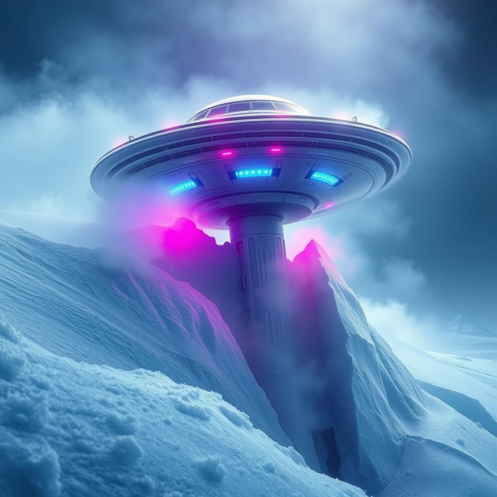 A realistic and captivating movie poster depicting a UFO partially exposed in the Arctic ice